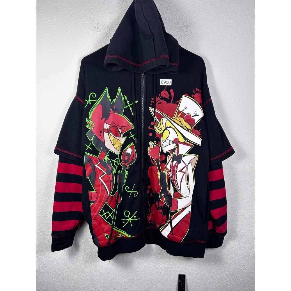 Hazbin Hotel Alastor Lucifer Zip Up Hoodie Black Red Striped Sleeves Large